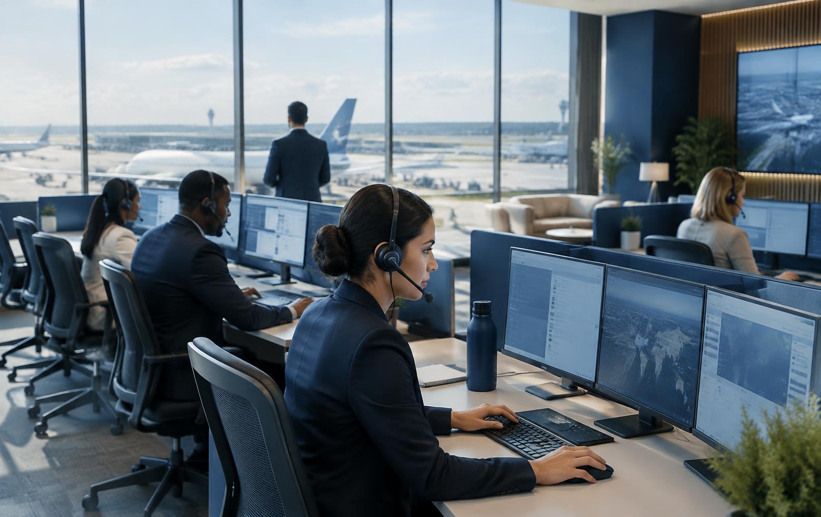 Airline customer service team working in a connected operations center