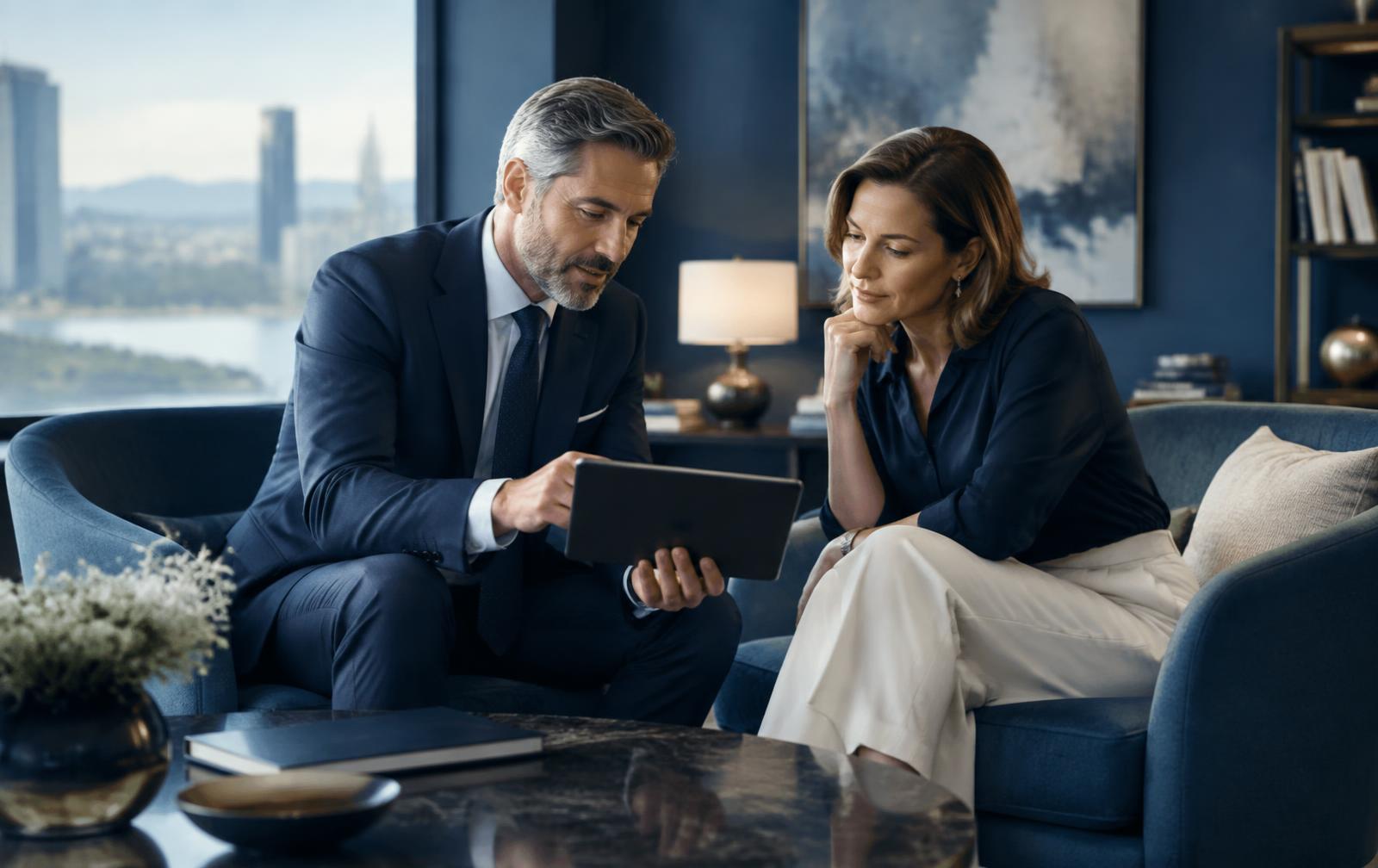Private banking relationship manager reviewing a client's complete financial view