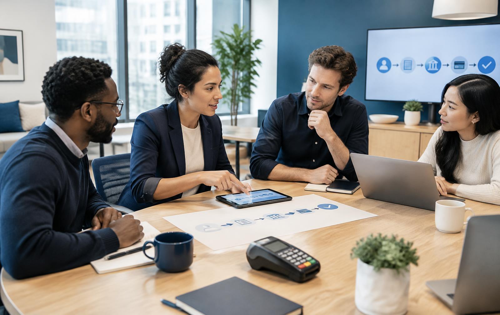 Fintech operations team reviewing a connected merchant onboarding workflow