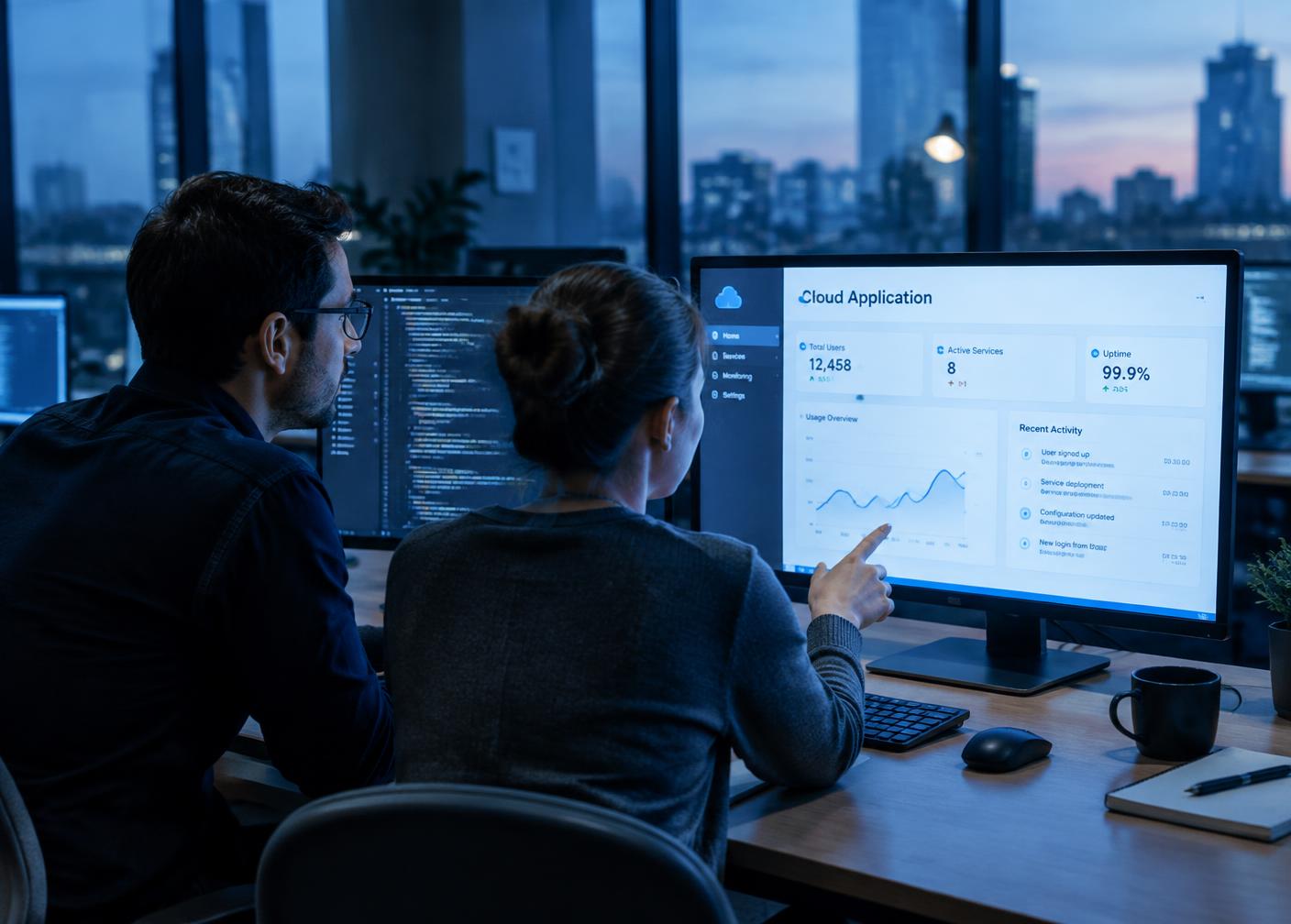 Product team reviewing a cloud application dashboard